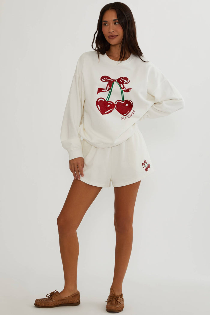 White sweat shorts with little glitter cherry design