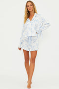 white silky pajama set with blue floral print