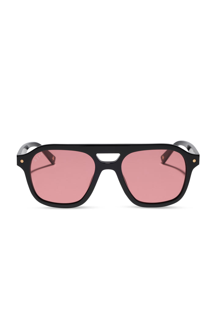 Black sunglasses with pink lenses on a white background
