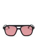 Black sunglasses with pink lenses on a white background