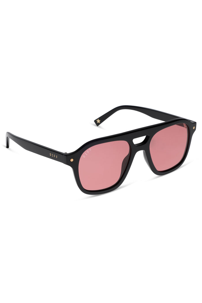Black sunglasses with pink lenses on a white background