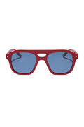 Red sunglasses with blue lenses on a white background