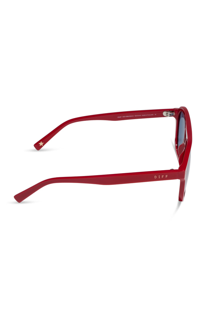 Red sunglasses with a white background