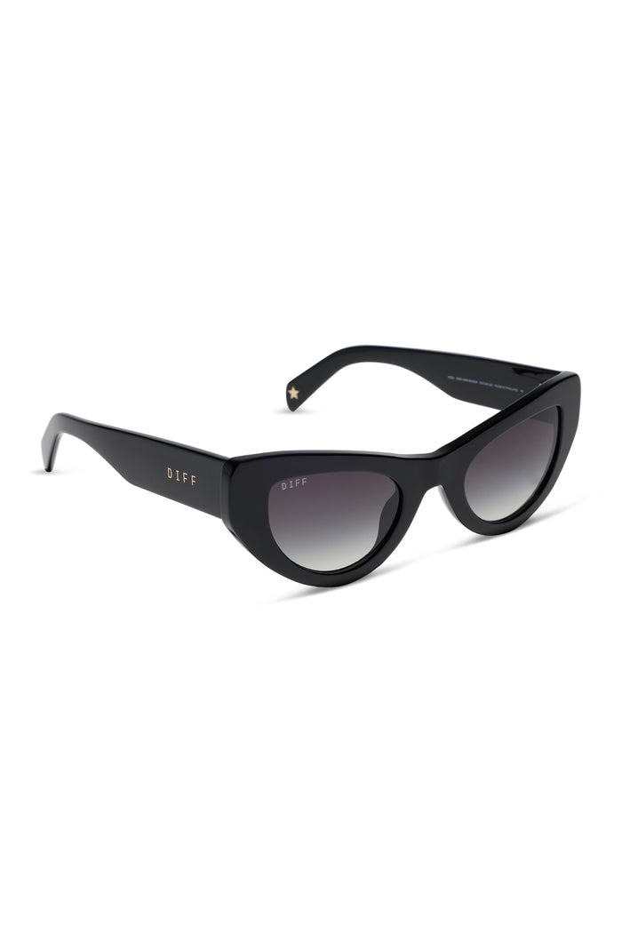 Sunglasses with tortoiseshell frame and gradient lenses on a white background