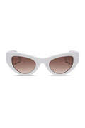 White cat-eye sunglasses with brown gradient lenses on a white background
