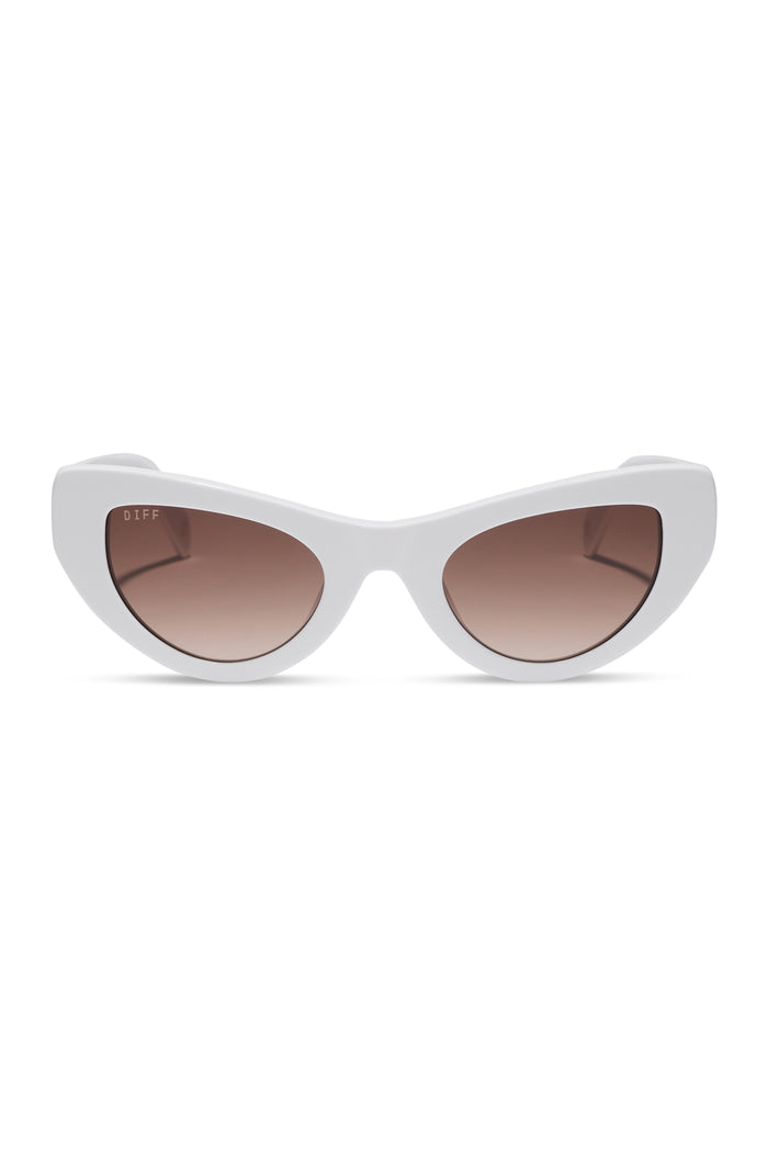 White cat-eye sunglasses with brown gradient lenses on a white background