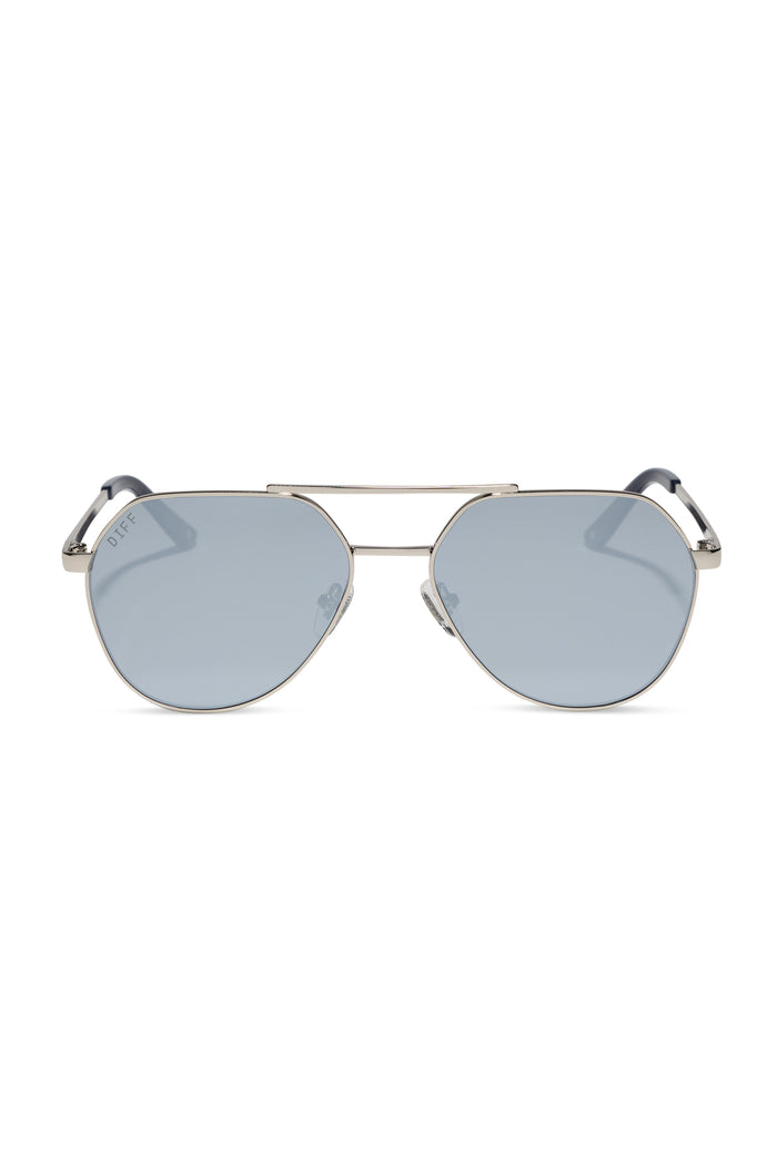Aviator sunglasses with silver frame and reflective lenses on a white background