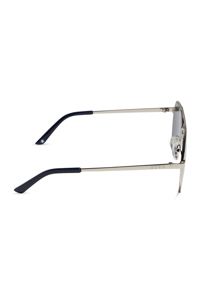 Sunglasses with black and silver frame on a white background
