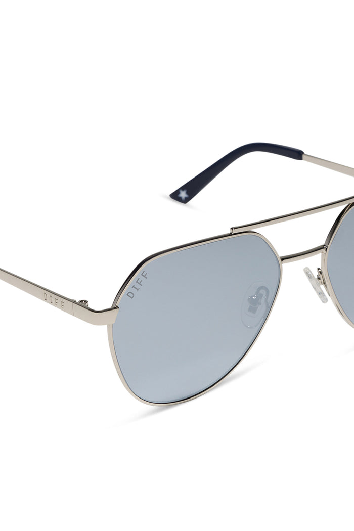 Aviator sunglasses with reflective lenses on a white background