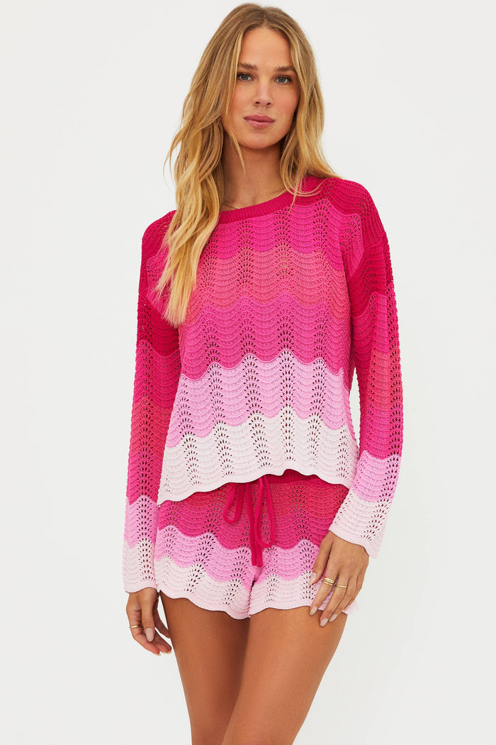 Pink chevron crochet sweater with matching shorts.