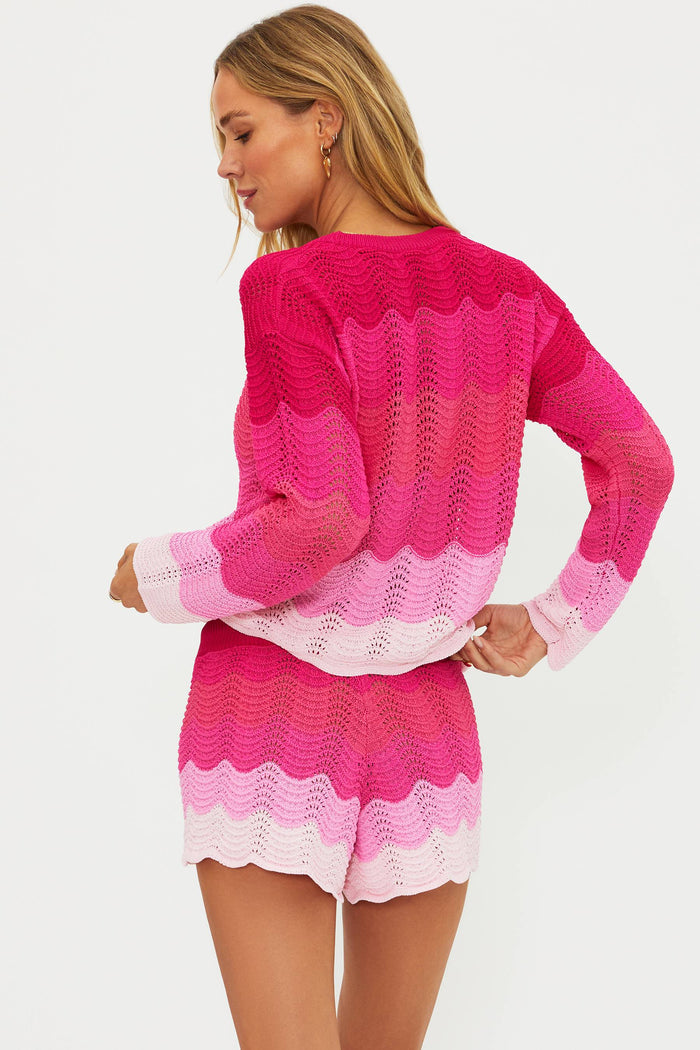 Pink chevron crochet sweater with matching shorts.