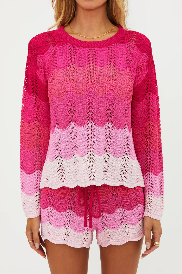 Pink chevron crochet sweater with matching shorts.