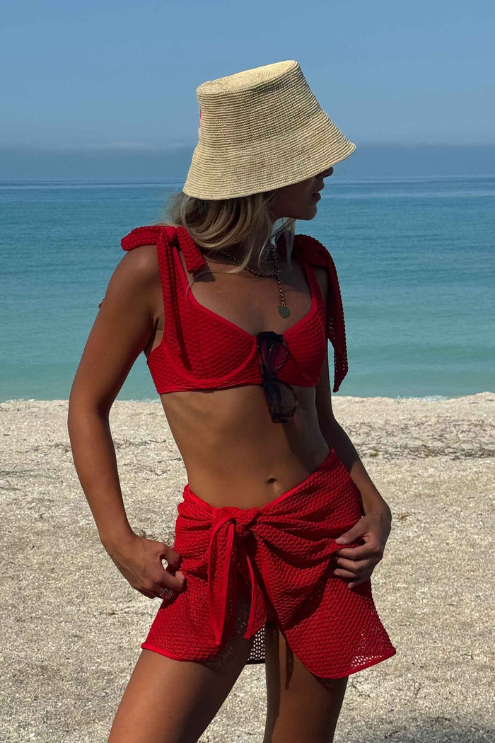 Red crochet swimsuit.