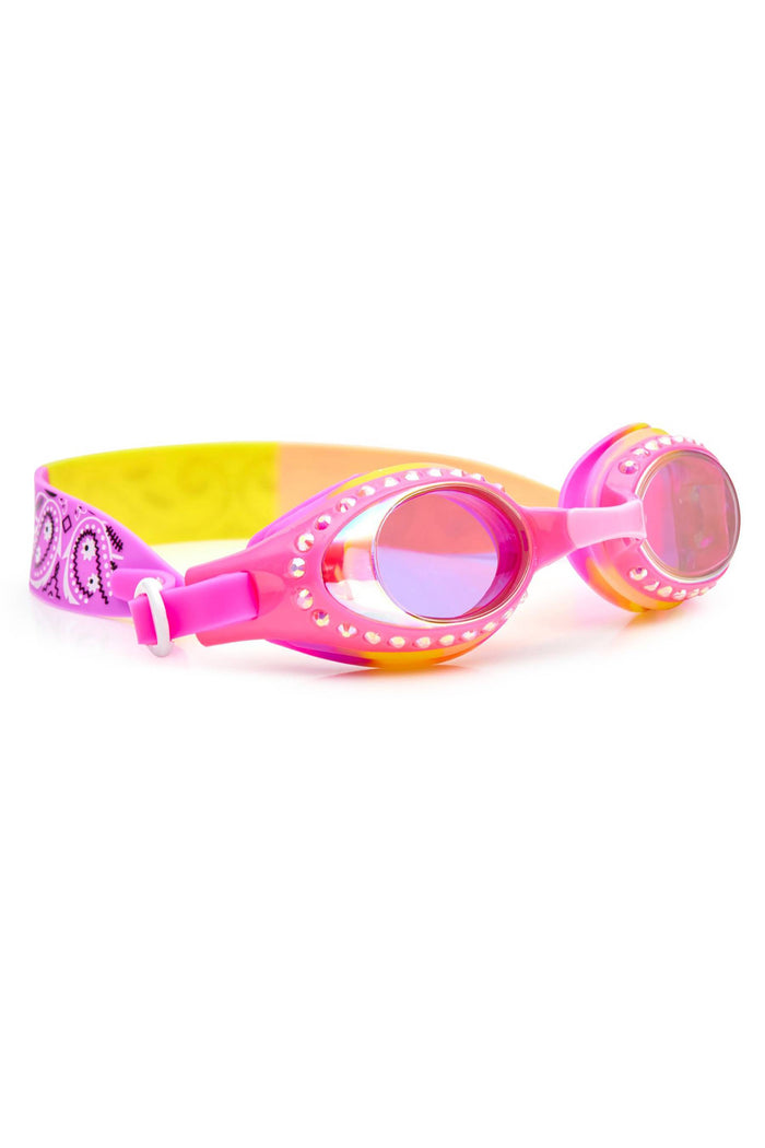 Kids pink and yellow round goggles with bedazzles.