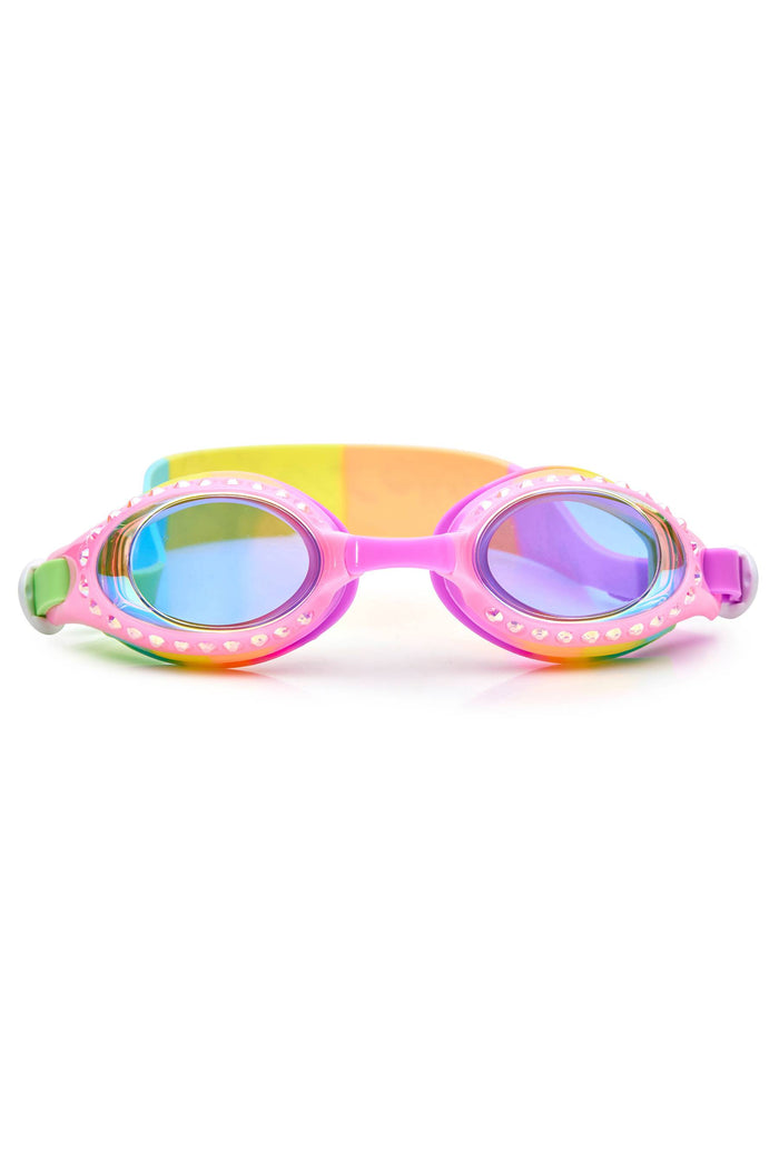 Rainbow kids goggles with bedazzles.