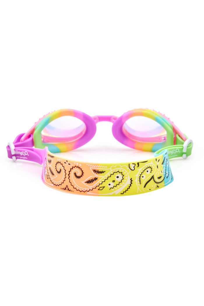 Rainbow kids goggles with bedazzles.