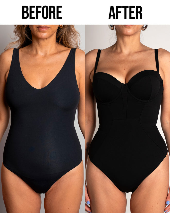 Before and after with Bombshell Sculpting Bra-Sized Shapewear Swimsuit - Black