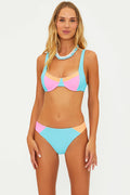 A colorblock bikini top with underwire bralette silhouette, adjustable straps with gold sliders, and a hook closure. The top features colors pink, orange, blue, and green on a model.