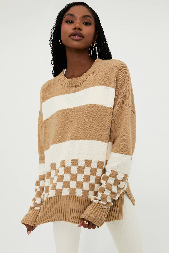 Beige and white sweater with checker.