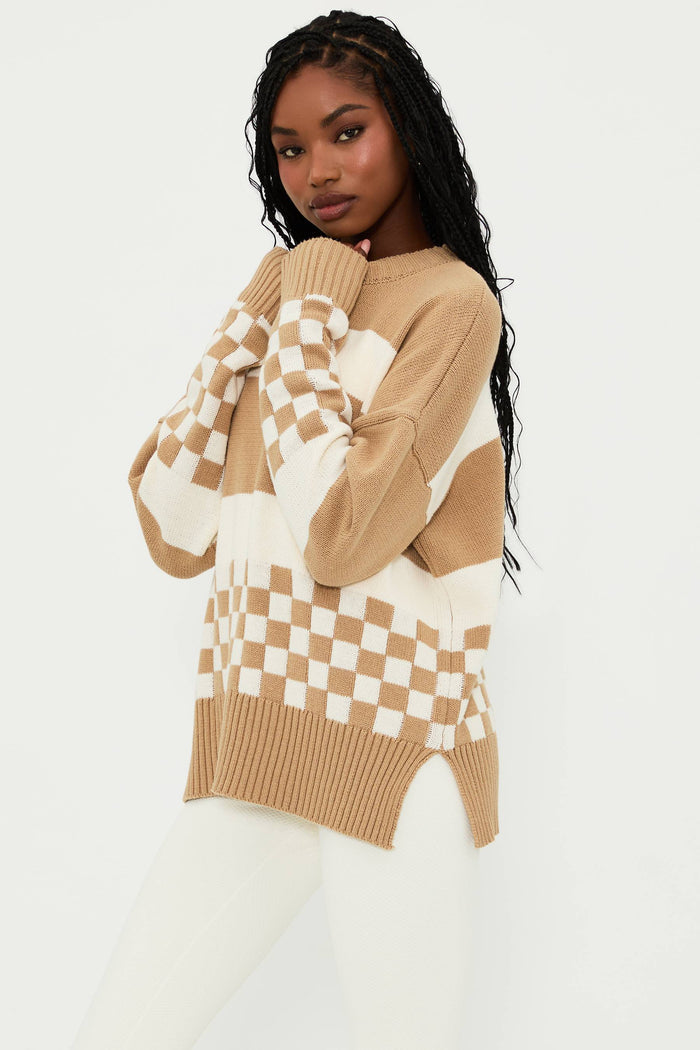 Beige and white sweater with checker.