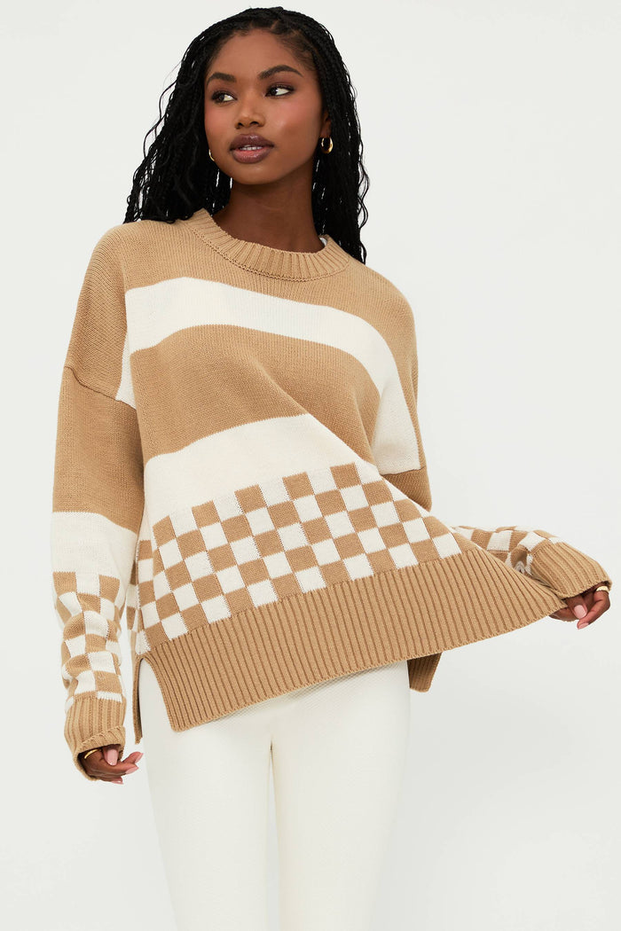Beige and white sweater with checker.