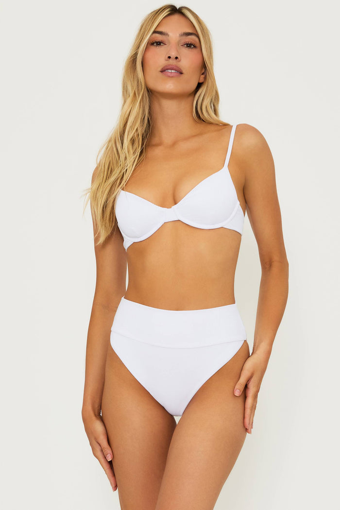 white ribbed underwire bikini top with a white high waist swim bottom