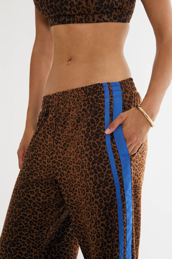 Close-up of a model wearing leopard-print pants with two bright blue side stripes and a matching leopard-print crop top against a plain light background.