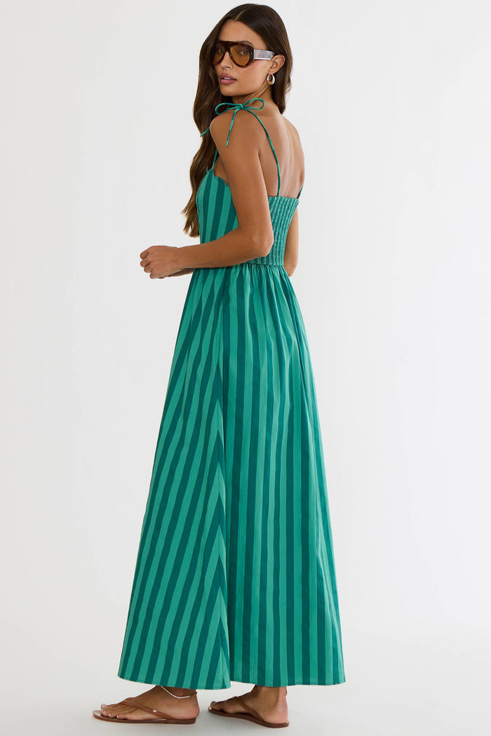 A woman modeling a green and teal vertically striped maxi dress with thin shoulder ties, shown from a side-back angle against a plain white studio background.