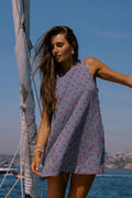 Tank linen dress with navy and white stripes and red stars.