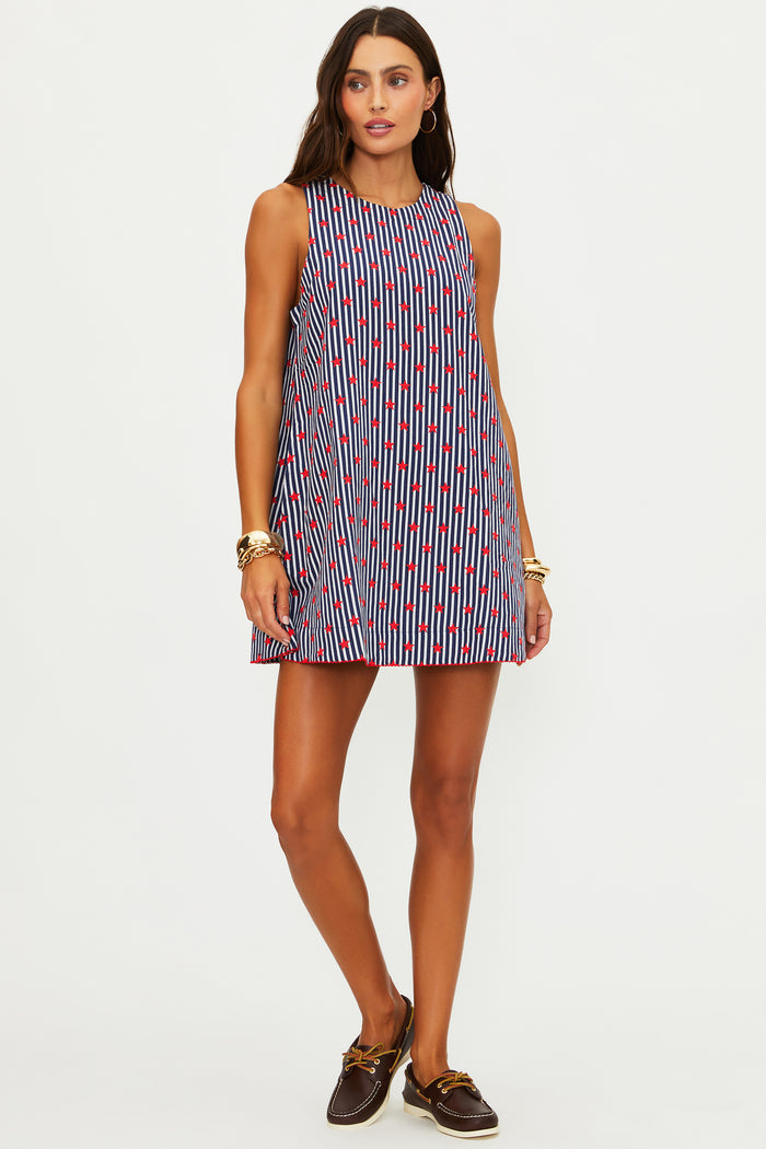 Tank linen dress with navy and white stripes and red stars.