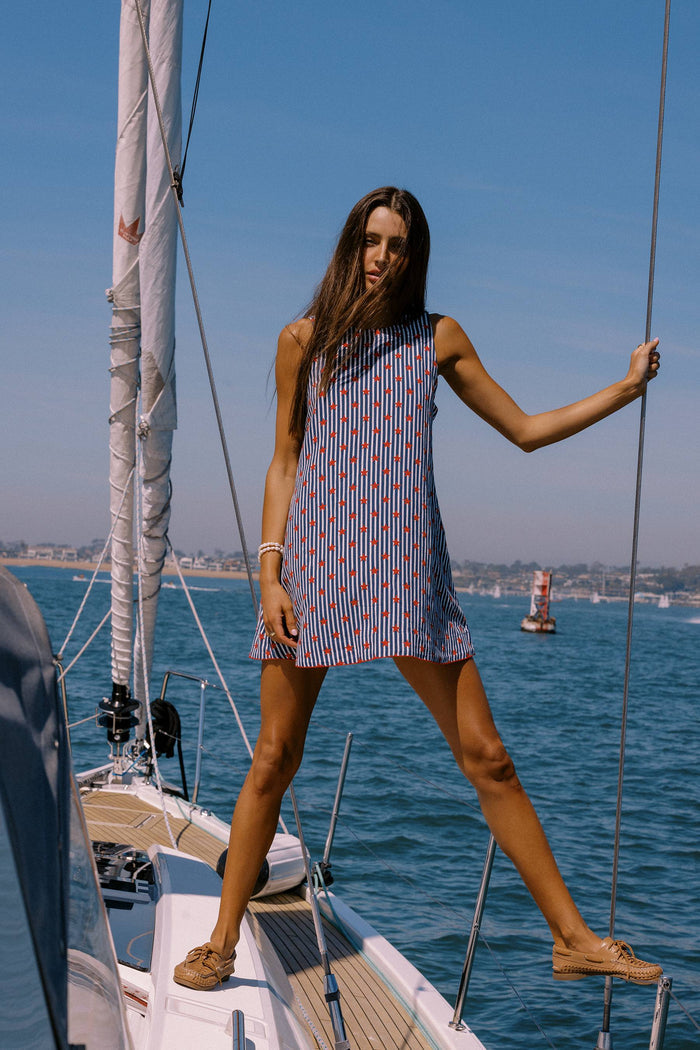 Tank linen dress with navy and white stripes and red stars.