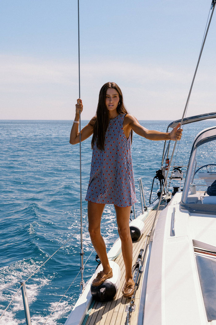 Tank linen dress with navy and white stripes and red stars.