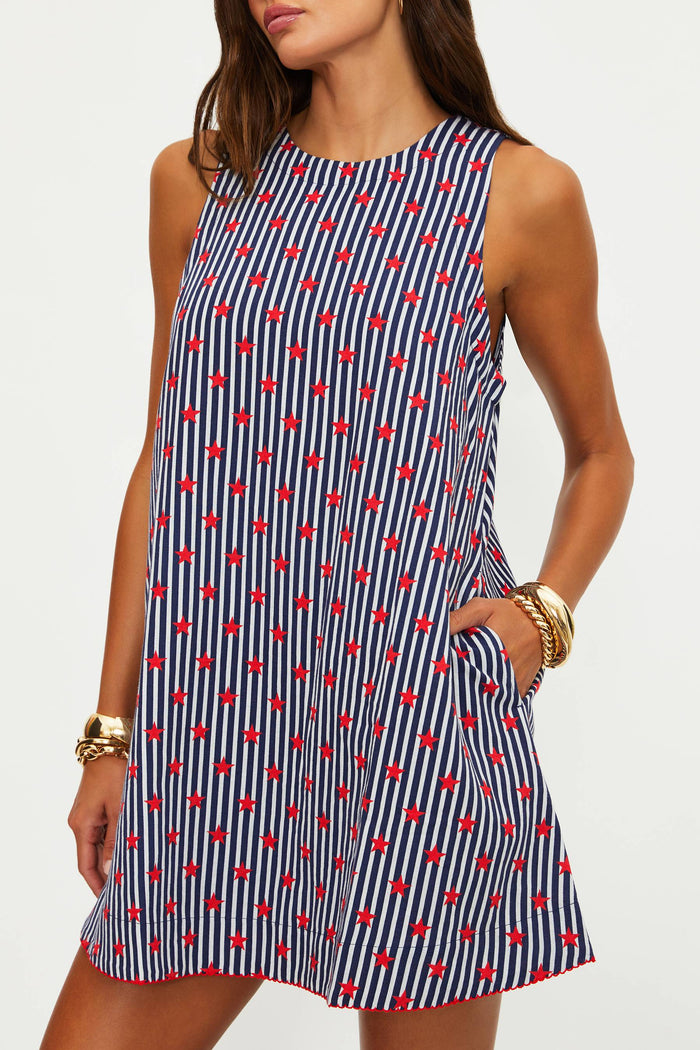 Tank linen dress with navy and white stripes and red stars.