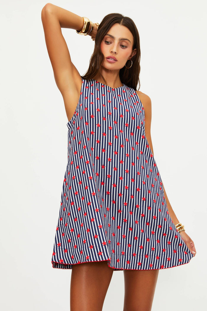 Tank linen dress with navy and white stripes and red stars.