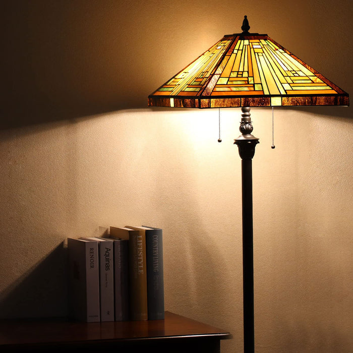 Capulina Tiffany Floor Lamp 2-Light 16X16X63 Inches Amber Brown Mission Antique Style Stained Glass Standing Reading Light for Living Room Bedroom Office