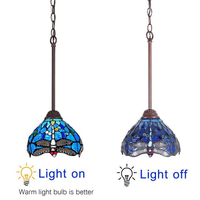 Capulina Tiffany Mini Pendant Light Victorian Rustic Style Blue Dragonfly Stained Glass