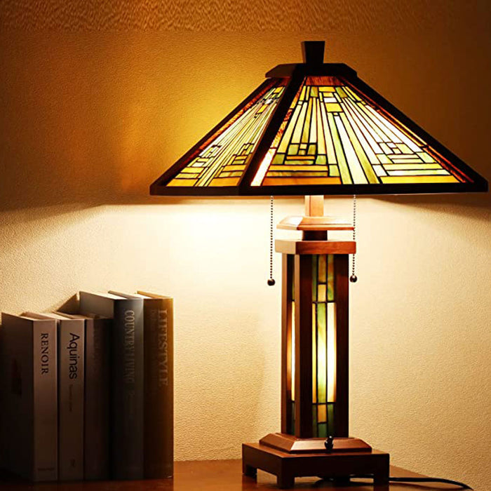 Capulina Tiffany Style Table Lamp 3-Light 15X15X26 Inches Mission Amber Brown Style Wood Base Desk Lamp with Night Light Decor for Living Room Bedroom Home Office