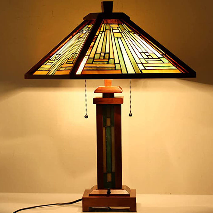 Capulina Tiffany Style Table Lamp 3-Light 15X15X26 Inches Mission Amber Brown Style Wood Base Desk Lamp with Night Light Decor for Living Room Bedroom Home Office