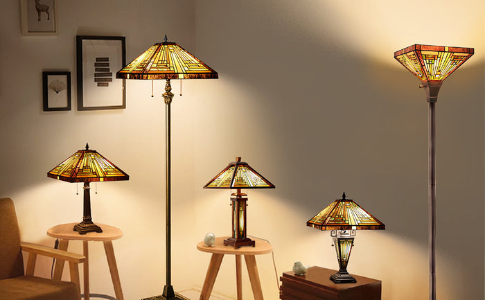 Capulina Tiffany Style Table Lamp 3-Light 15X15X26 Inches Mission Amber Brown Style Wood Base Desk Lamp with Night Light Decor for Living Room Bedroom Home Office