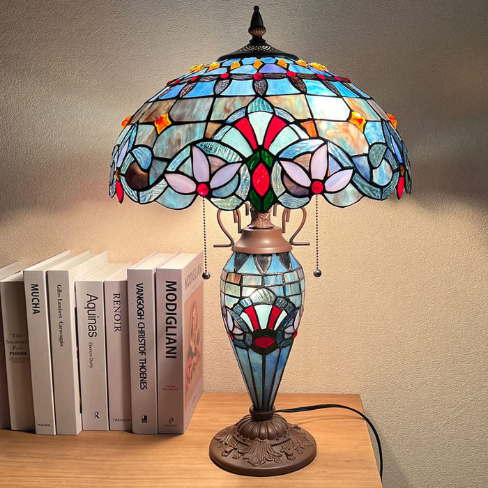 Capulina Tiffany Table Lamp, 3-Light 16X16X24 Inches with Nightlight Light Blue Victorian Style Desk Lamp for Home Office Living Room Bedroom