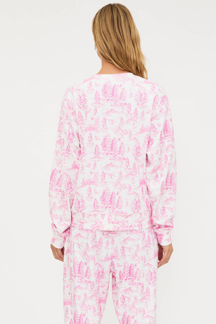 Person wearing a pink and white patterned outfit on a white background