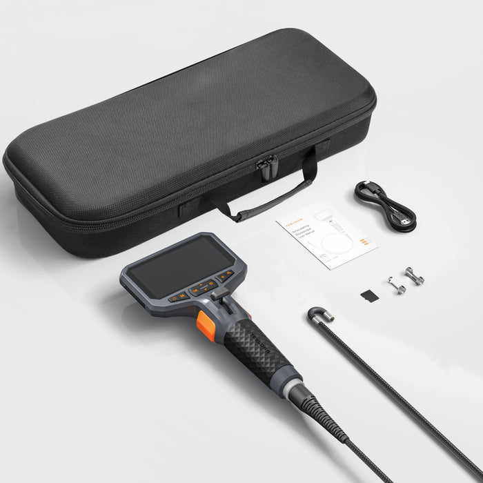 TD450S-R inspection camera package with monitor, articulating probe, MicroSD card, cable, case, hook and magnet