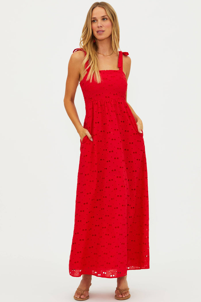 Red linen eyelette tank maxi dress