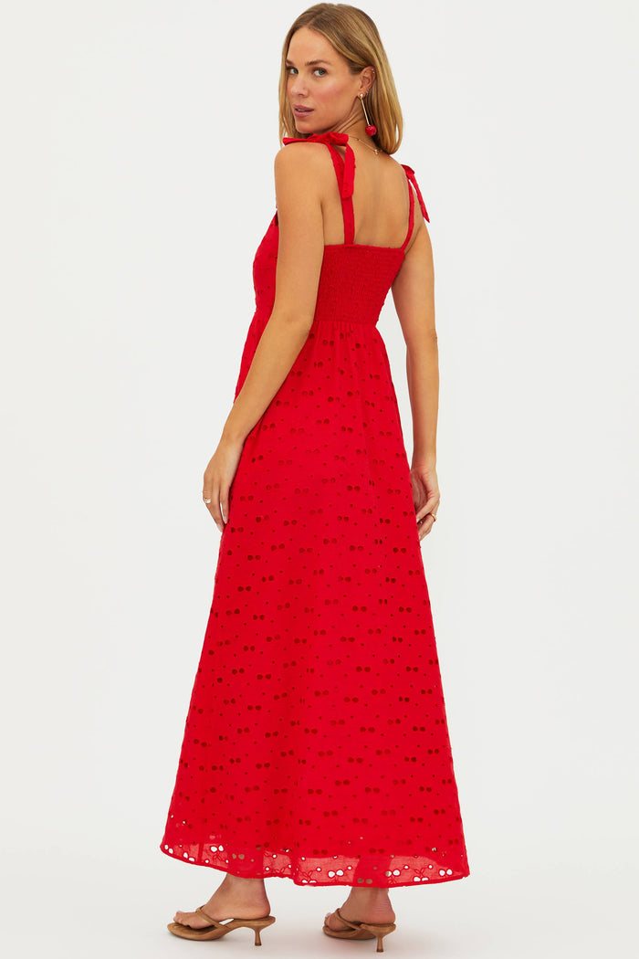 Red linen eyelette tank maxi dress