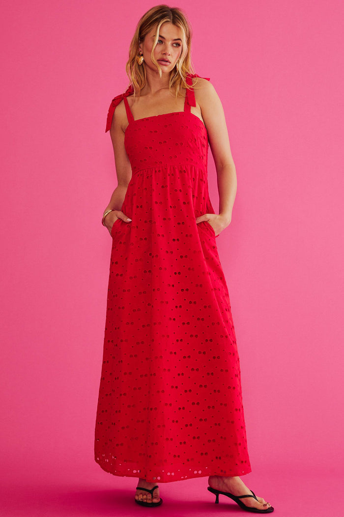 Red linen eyelette tank maxi dress