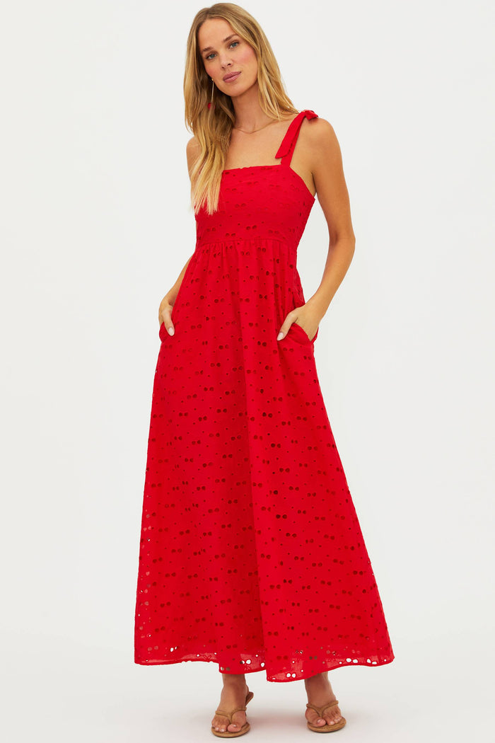 Red linen eyelette tank maxi dress