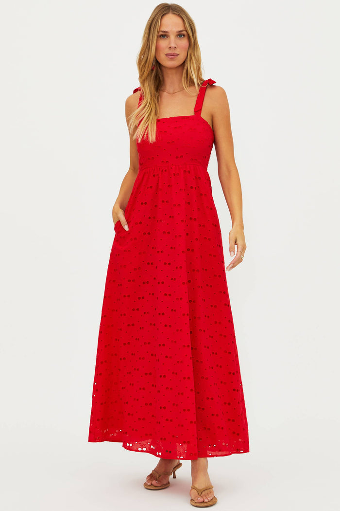 Red linen eyelette tank maxi dress