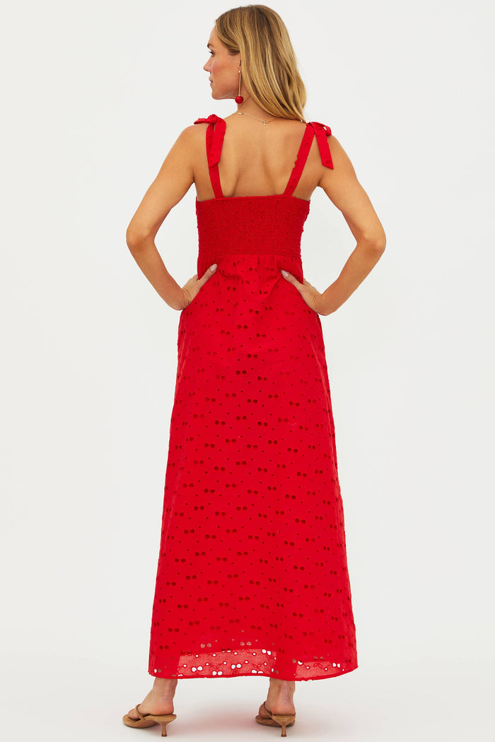 Red linen eyelette tank maxi dress