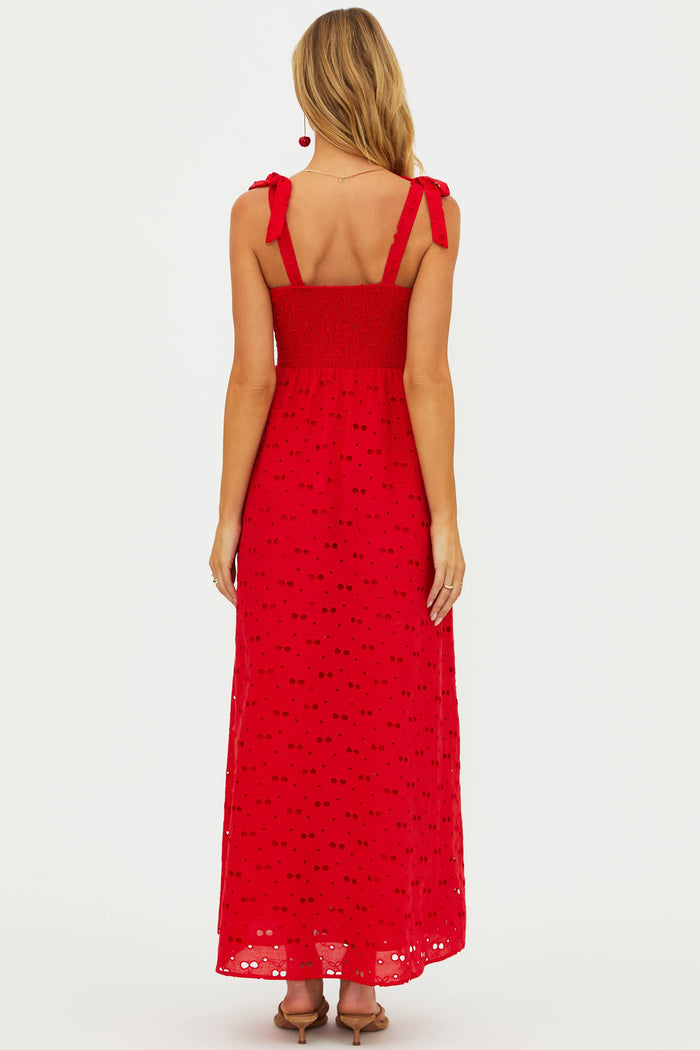 Red linen eyelette tank maxi dress