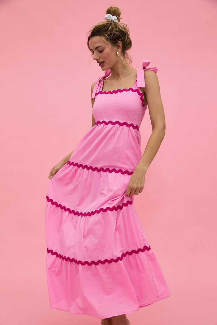 Pink tiered maxi dress with magenta rick rack on the tiers and tie shoulder straps